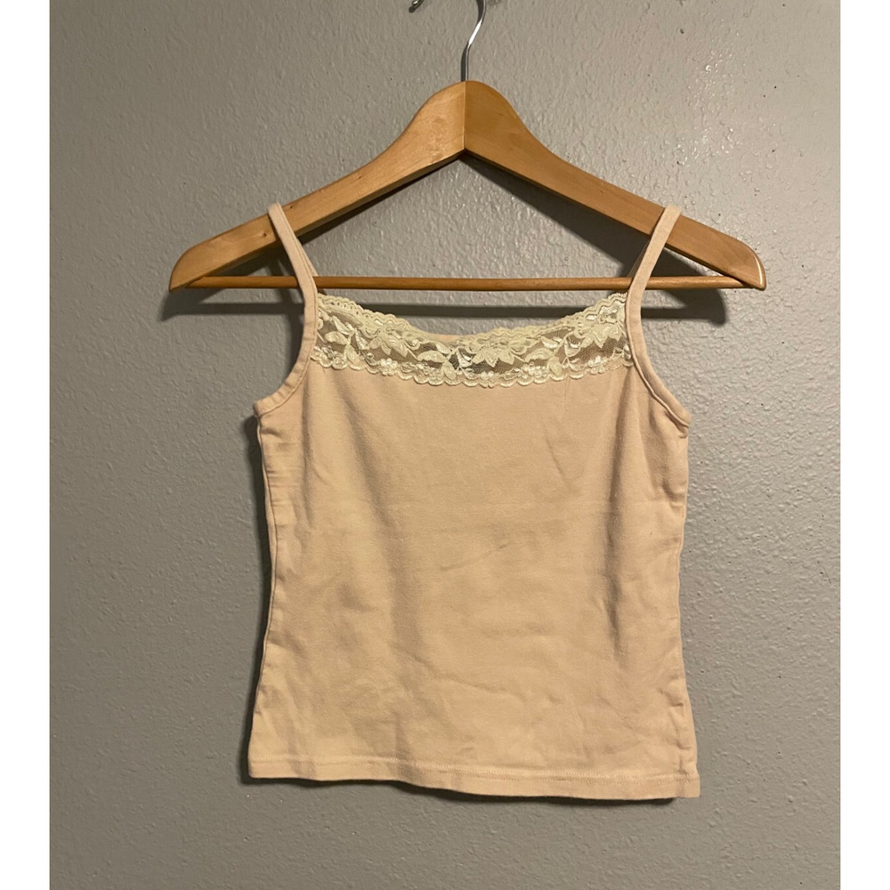 Vintage Womens Cami Medium Beige Floral Lace Cropped Romantic Fairy 90s Y2K